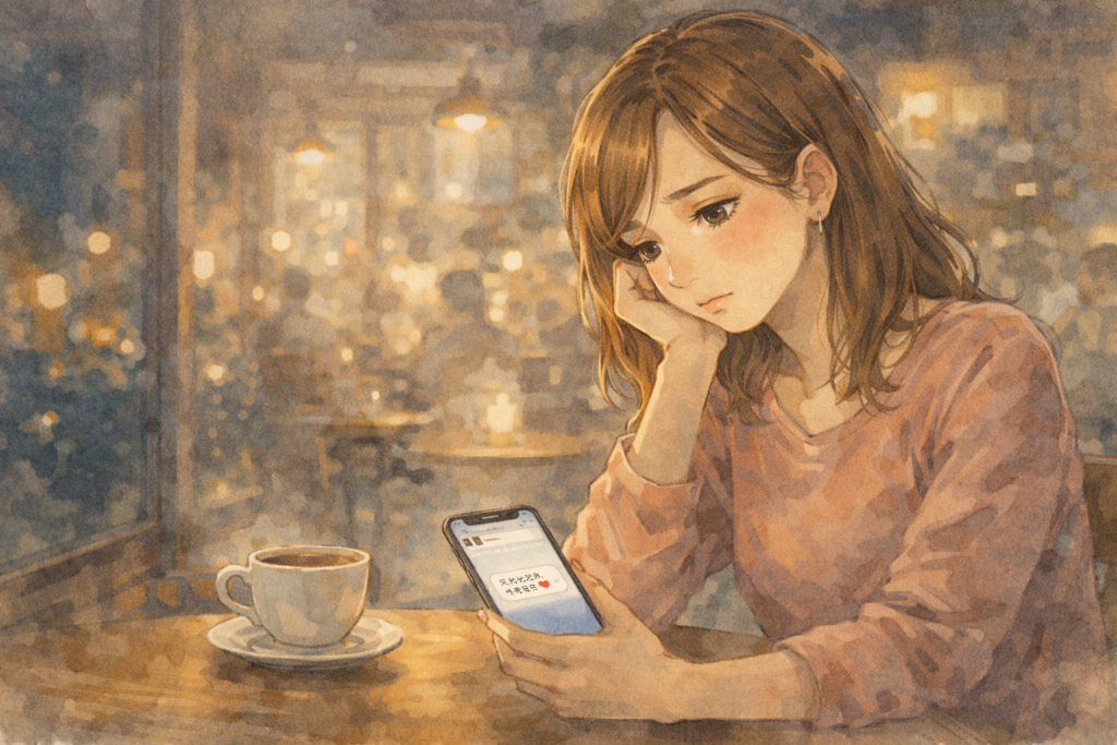 彼氏のLINEにときめかない女性。冷めたかも？を表現。