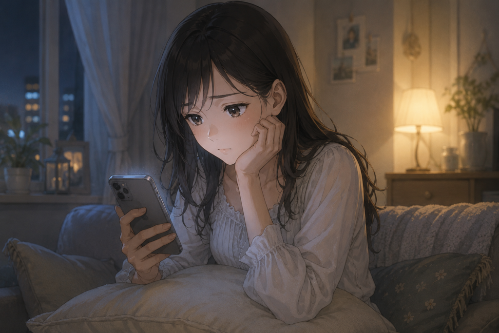 スマホを夜の自室で眺める女性。彼氏が信じられないことを悩んでいる。