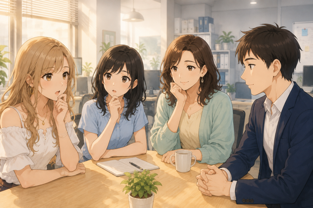 彼氏を信じられないことについて編集部のみんなの意見を求めるアカリ。