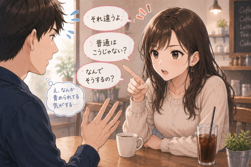 男性にダメ出しばかりする女性。男性は責められている気がして引いている。