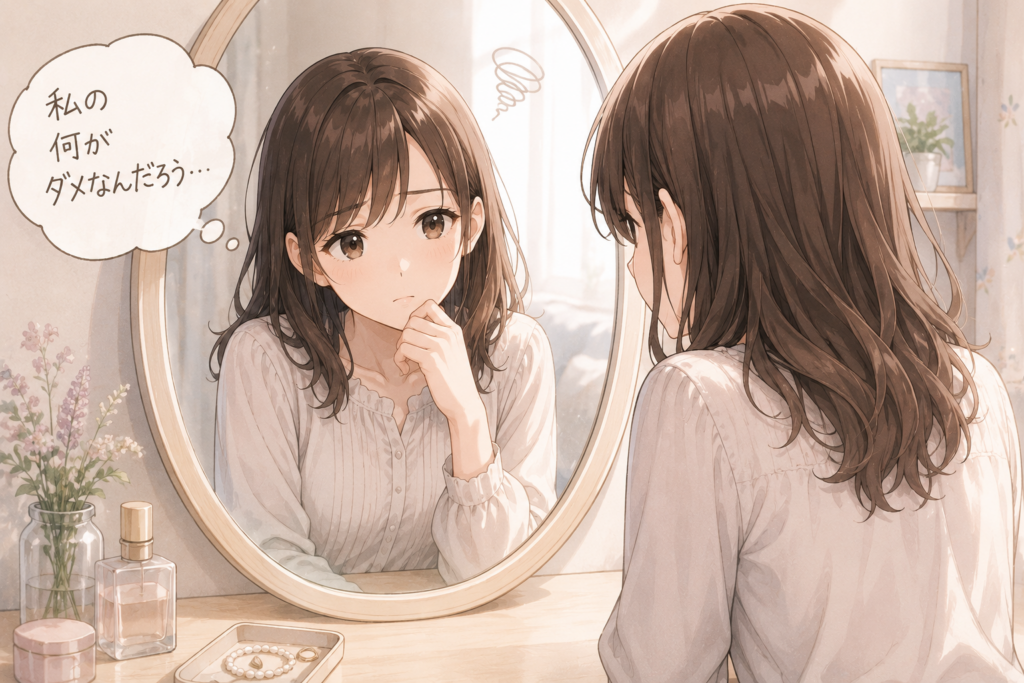 鏡を見てモテない理由を考える女性。