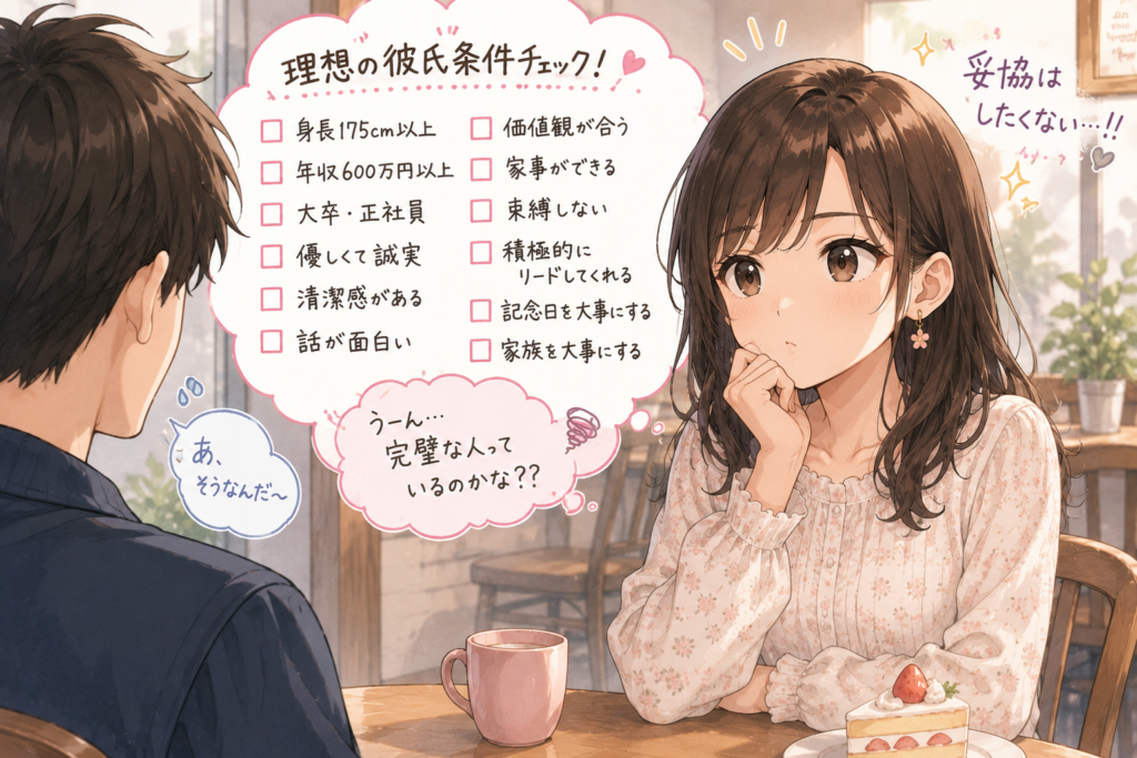 理想が高すぎて合致する相手がいないモテない女性。