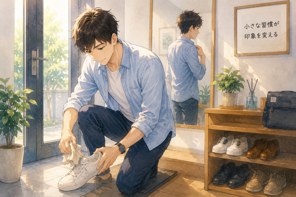靴を綺麗に保つ。服装を整えるなど小さな習慣を徹底する男性。