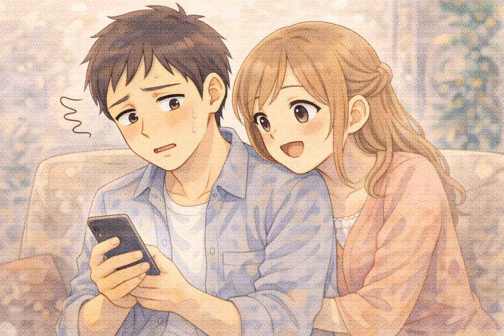 スキンシップが強い彼女に困惑する男性。