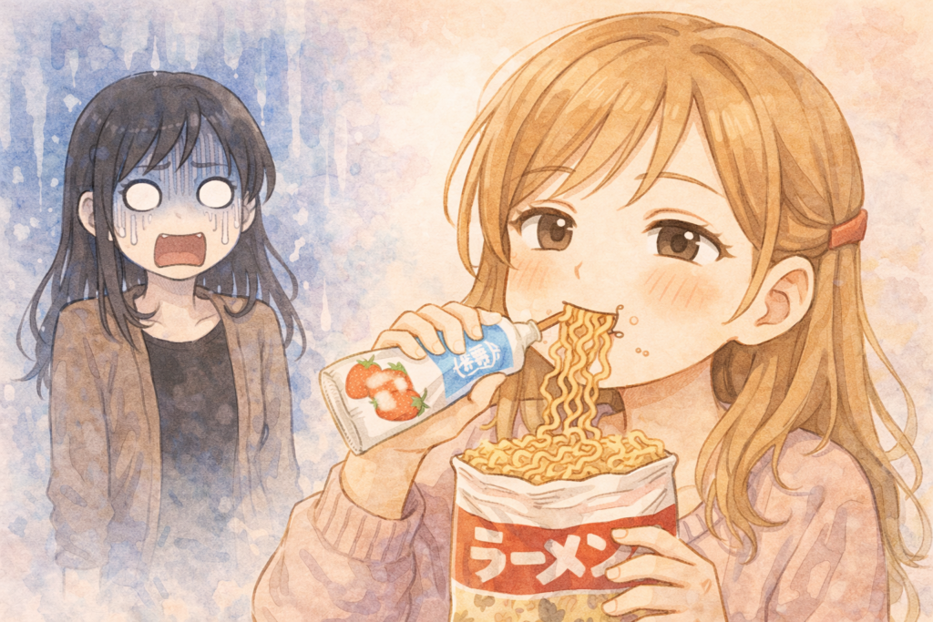 ナナを超えるジャンクな食事をするアカリ。ドン引きのナナ。