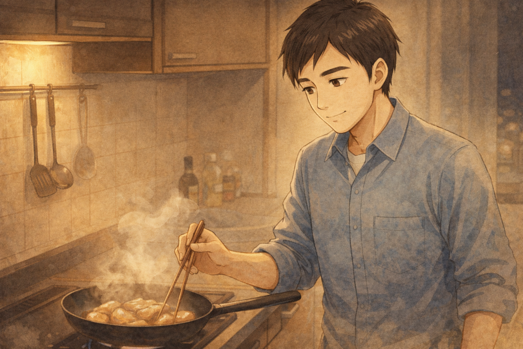 誠実めしを作るリク。