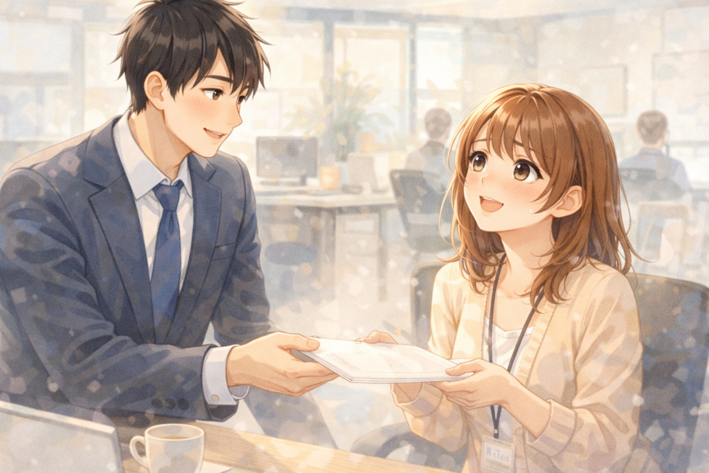 職場にいる好きな人。いまは毎日会えるがもうすぐ人事異動してしまう。そのようなシチュエーションの画像。