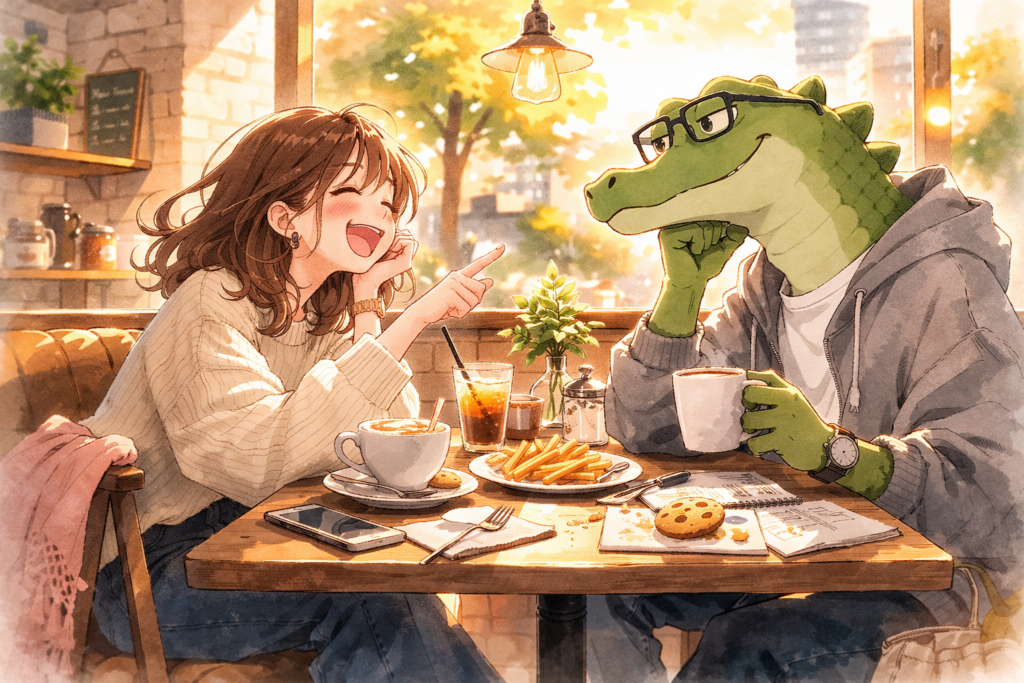 カフェで談笑するミユとワニオ。