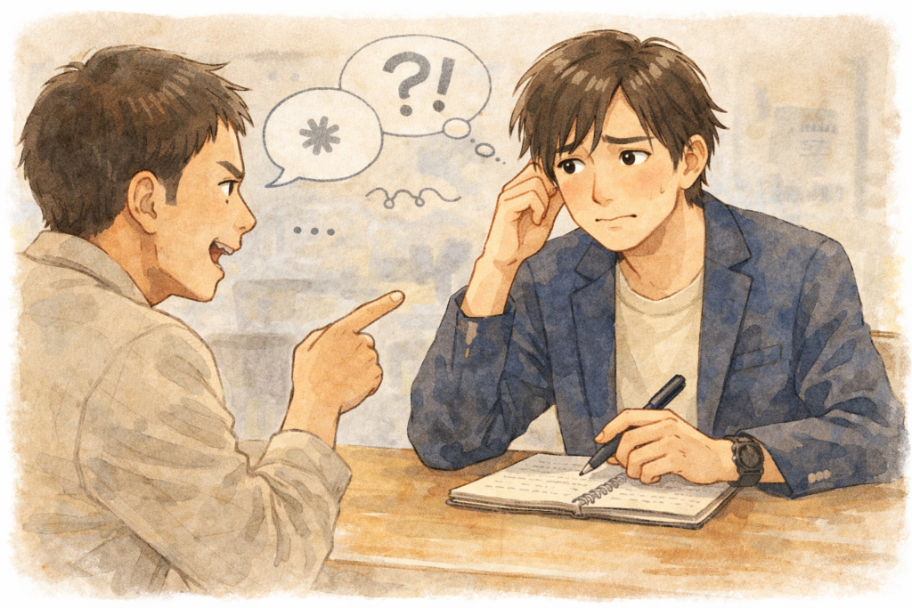 話を聞いてもらえなくてイライラしている男性。