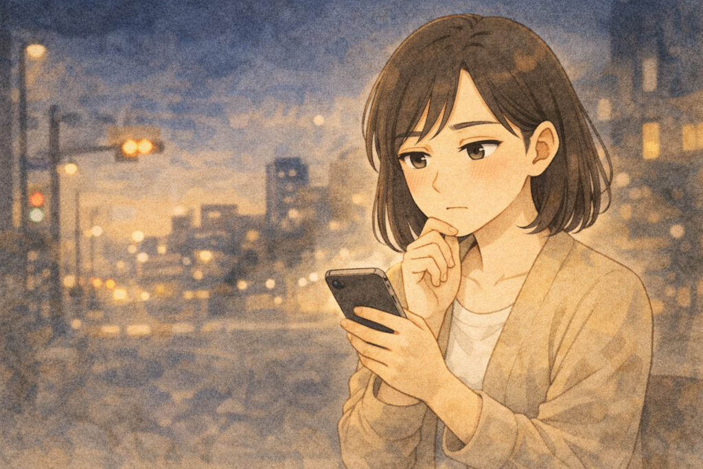 スマホに来たアドバイスを見る女性。