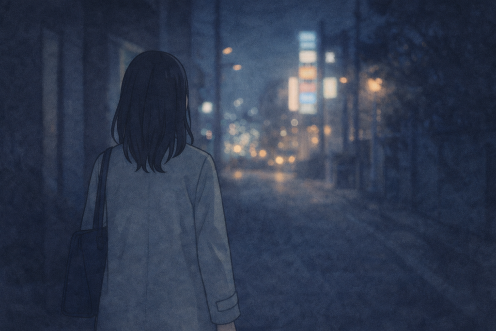 人間関係に悩む女性が夜道を歩く。