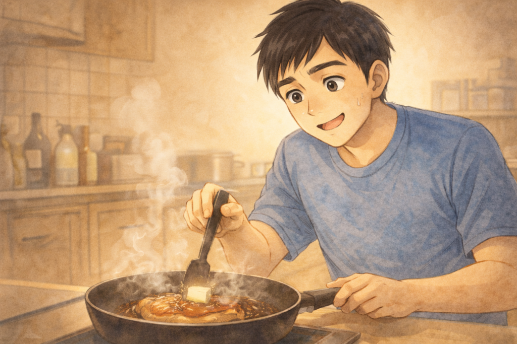 焼いた鶏もも肉にバター醤油を加えるリク。