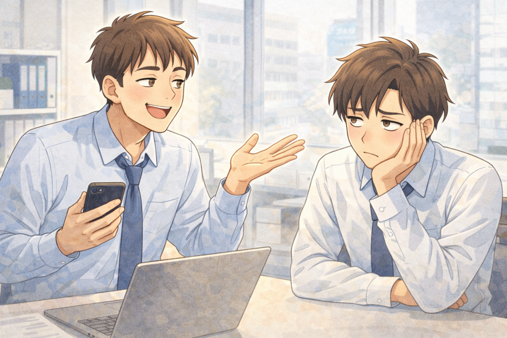 しつこく話しかけられてモヤモヤする男性。