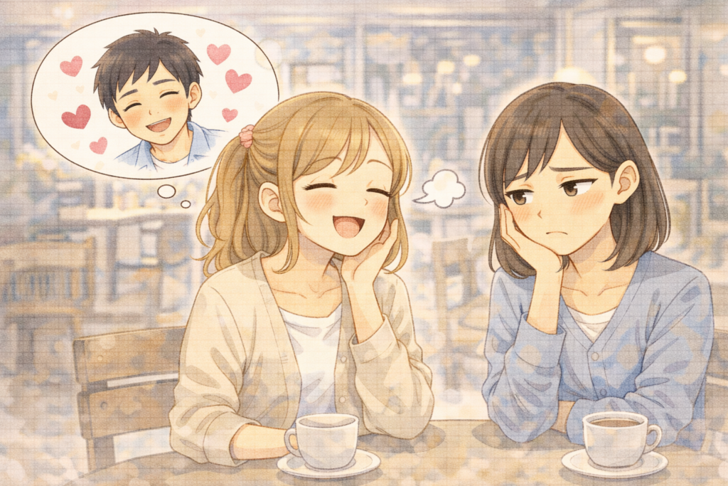 惚気話をする女性と聞かされてウンザリな女性。