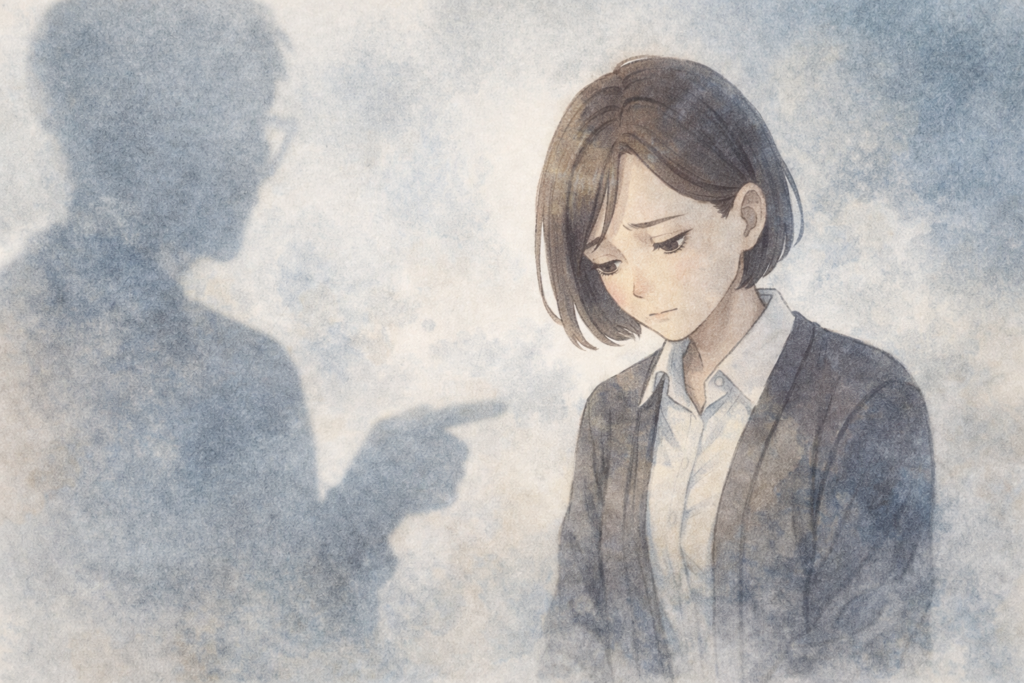 否定されて疲れた顔の女性。