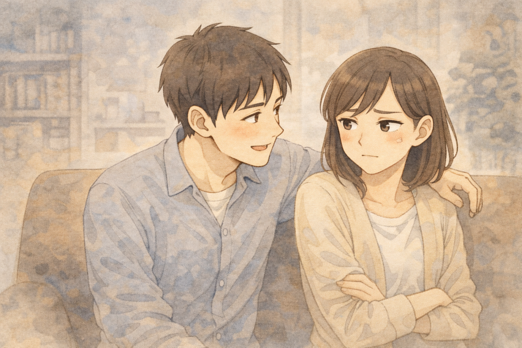 距離が近い男性に嫌な表情をする女性。