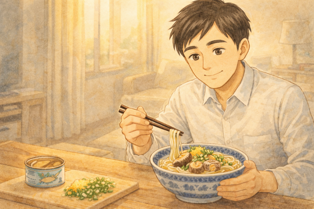 鯖缶ぶっかけうどんを食べるリク。