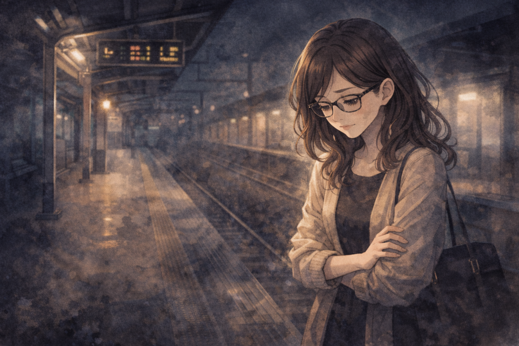 夜の駅で泣くのをこらえる過去のミカコ。