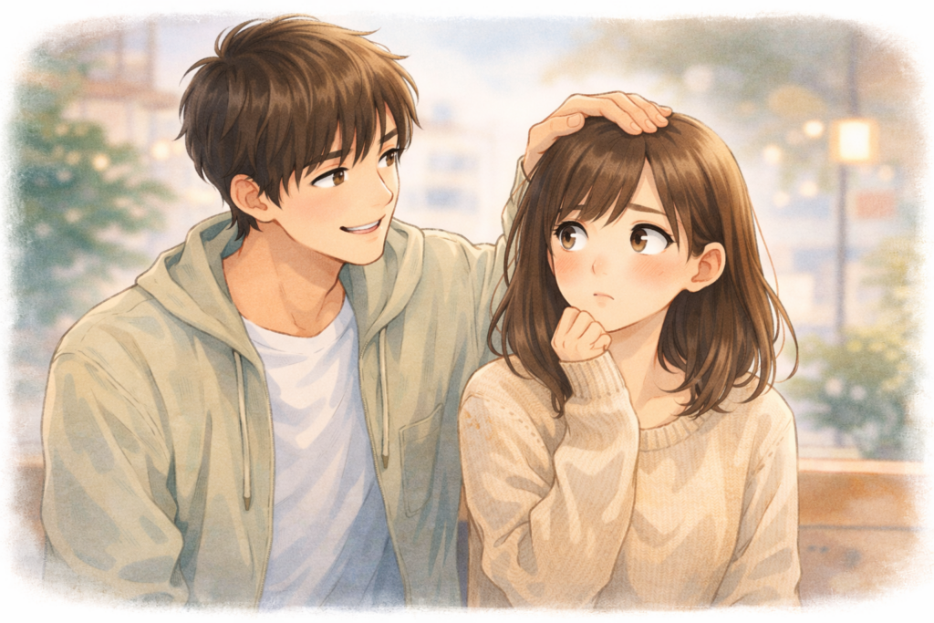 頭をポンポンされて恋に落ちる女性。