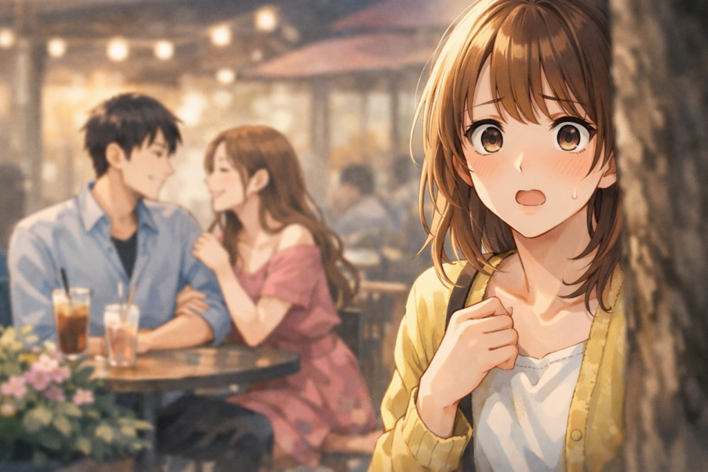 彼氏の浮気を目撃してショックを受ける女性。