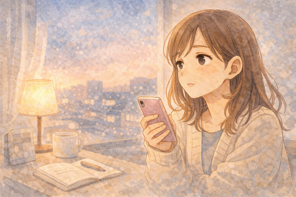 LINEがこなくてがっかりする女性のイメージ画像。