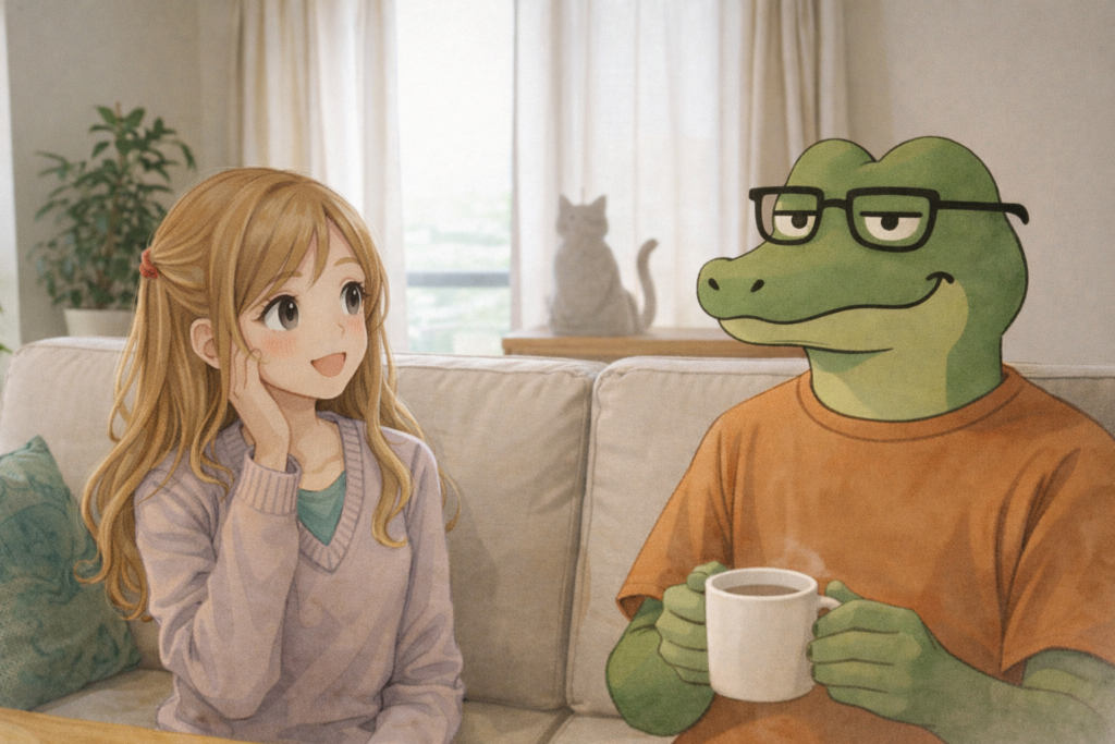 保護猫活動についてワニオと会話するアカリ。