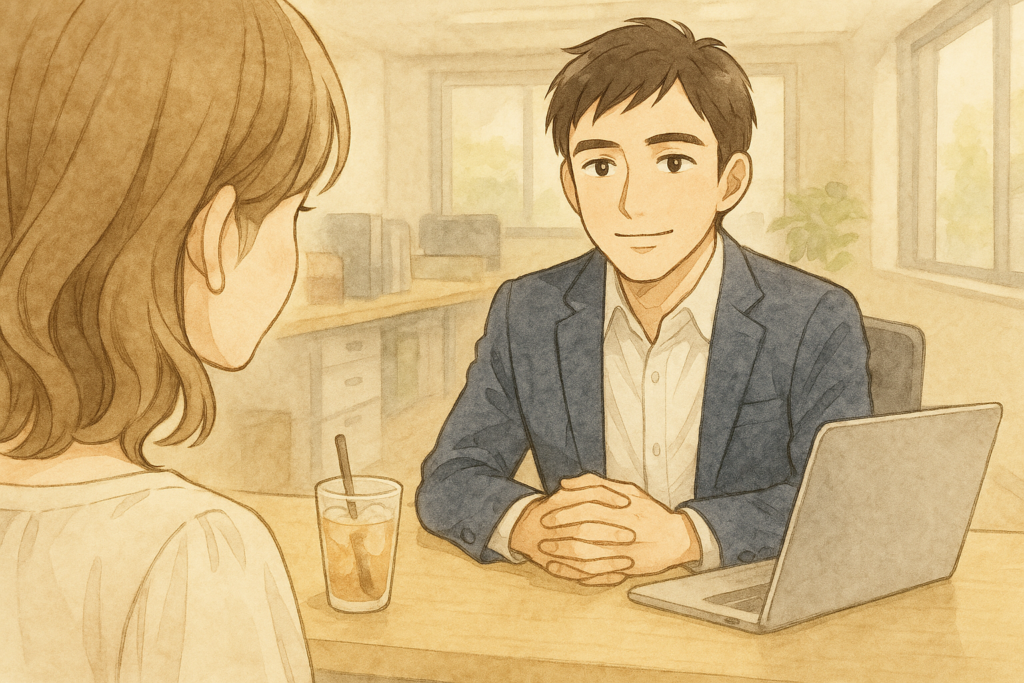 飾らず余裕を持って女性と向き合う男性。