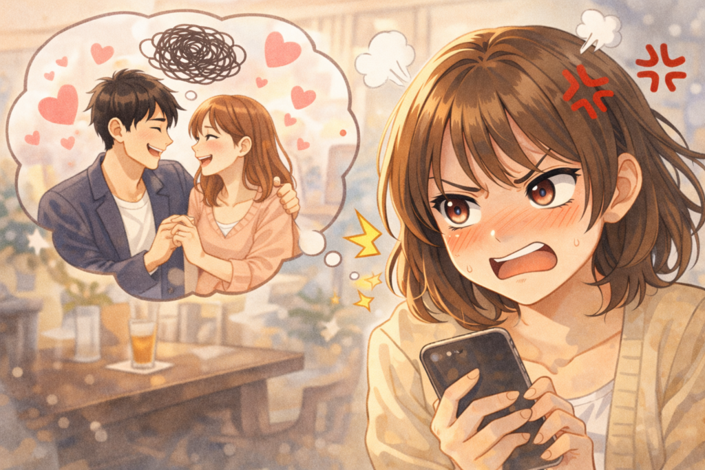 浮気を証拠をつかみ起こる女性。