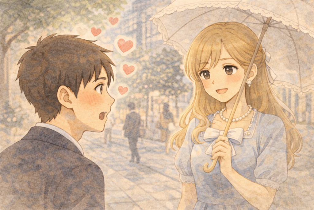 女性と出会い一目惚れする男性のイメージ画像。