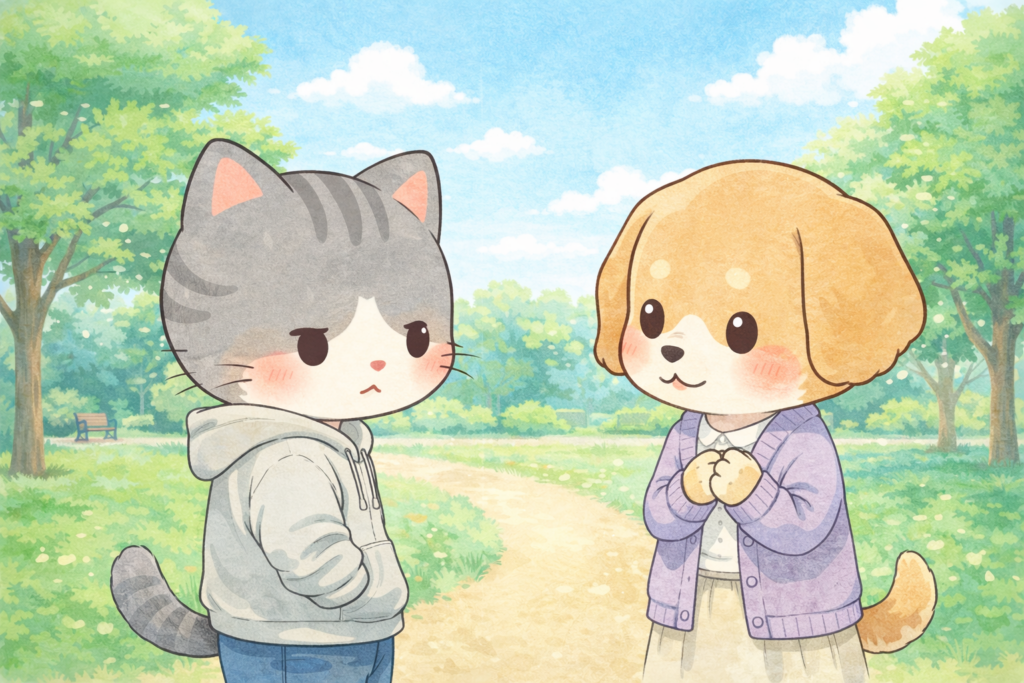 好き避けする男性とされる女性をゆるキャラ風に表現。