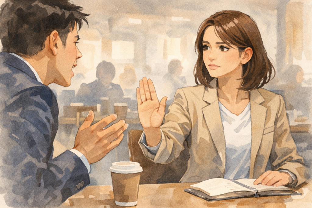 話を遮る男性を止める女性。