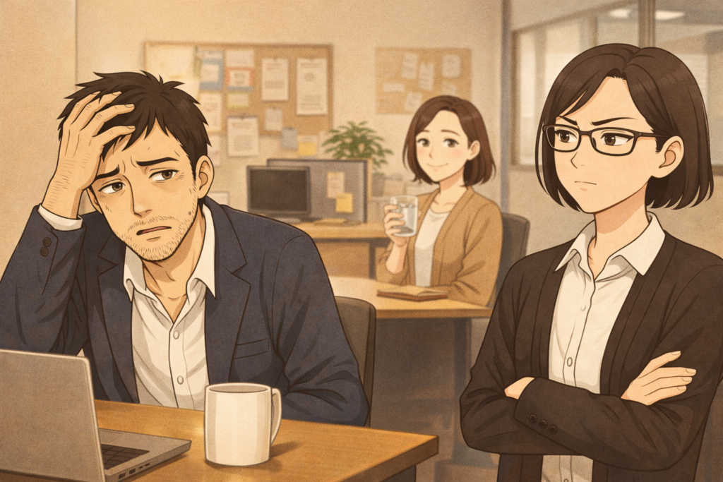 二日酔いのケンジ。呆れるミカコ。