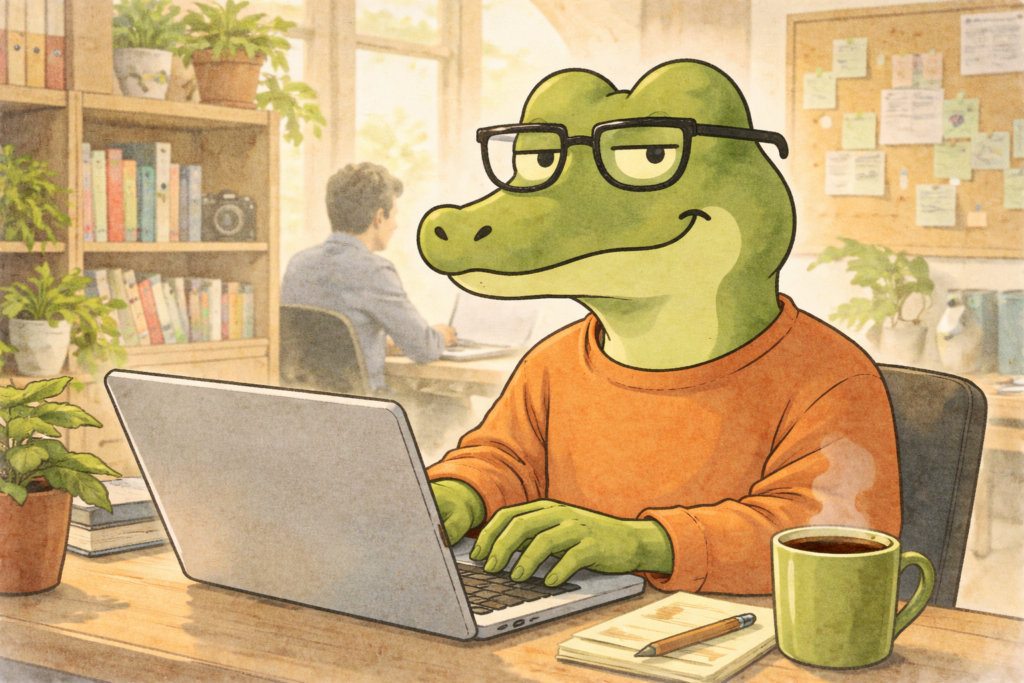 今回のコラムを編集部で執筆しているワニオ。