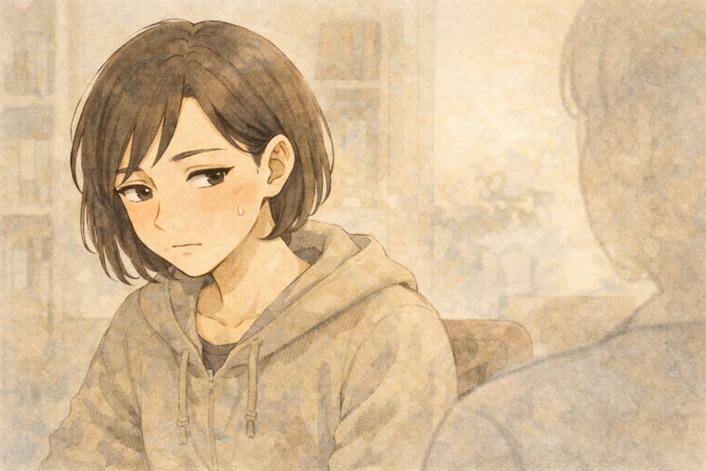 男友達と付き合えるのか考える女性のイメージ画像。