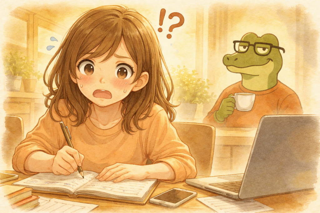 追い込まれてテンパるミユと、その姿を観察するワニオ。