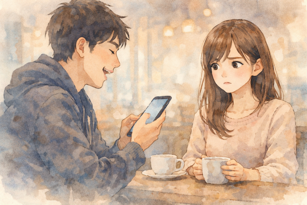 スマホに夢中で彼女を放置する彼氏。