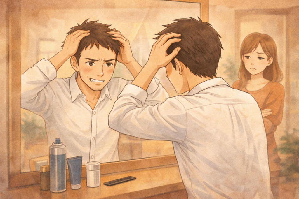 鏡に向かって見た目ばかり整える男性。