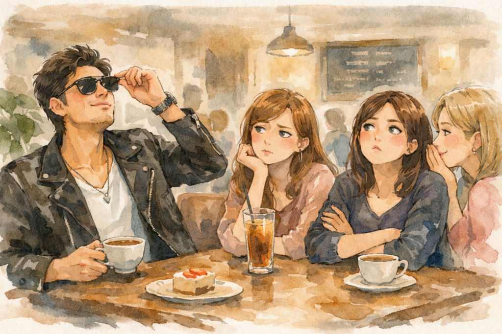 モテようとカッコつけている男性とドン引きの女性たち。