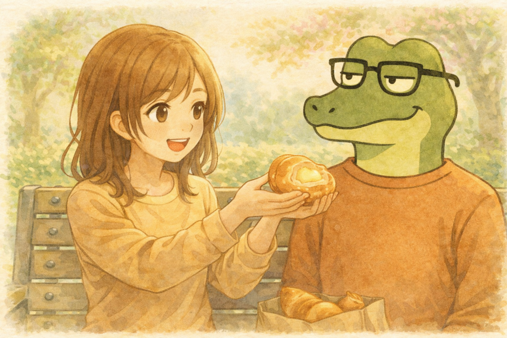 クリームパンをワニオに渡すミユ。