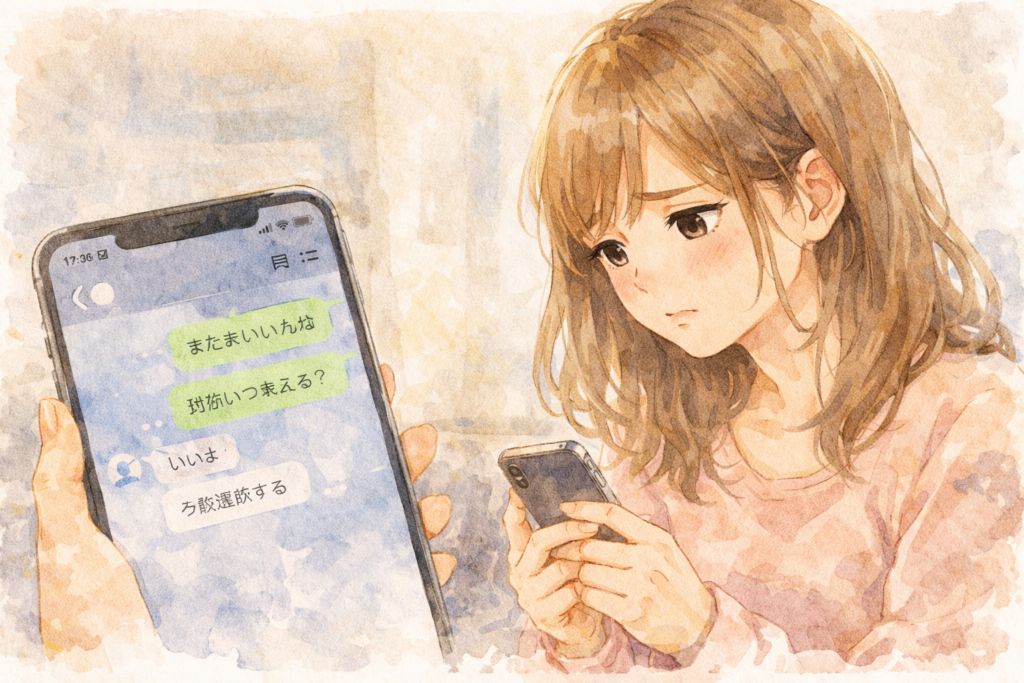 彼氏からのLINEがそっけなくて悲しい表情の女性。