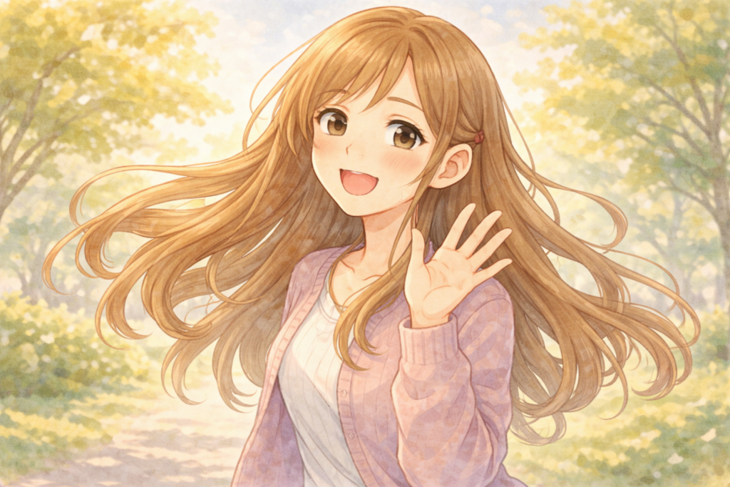 風に髪をなびかせながら笑顔で手を振る女性。