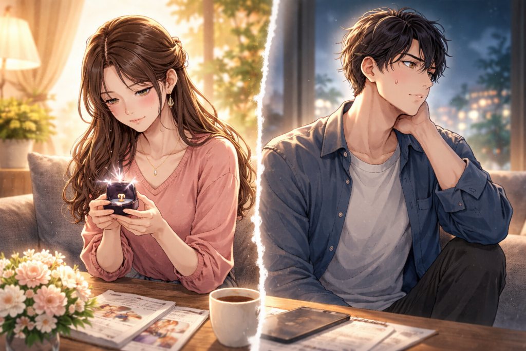 結婚したい女性と複雑な心境の男性。