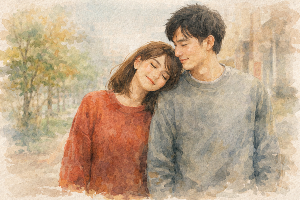 並んで歩くカップル。彼女は彼氏と一緒だと安心できる。