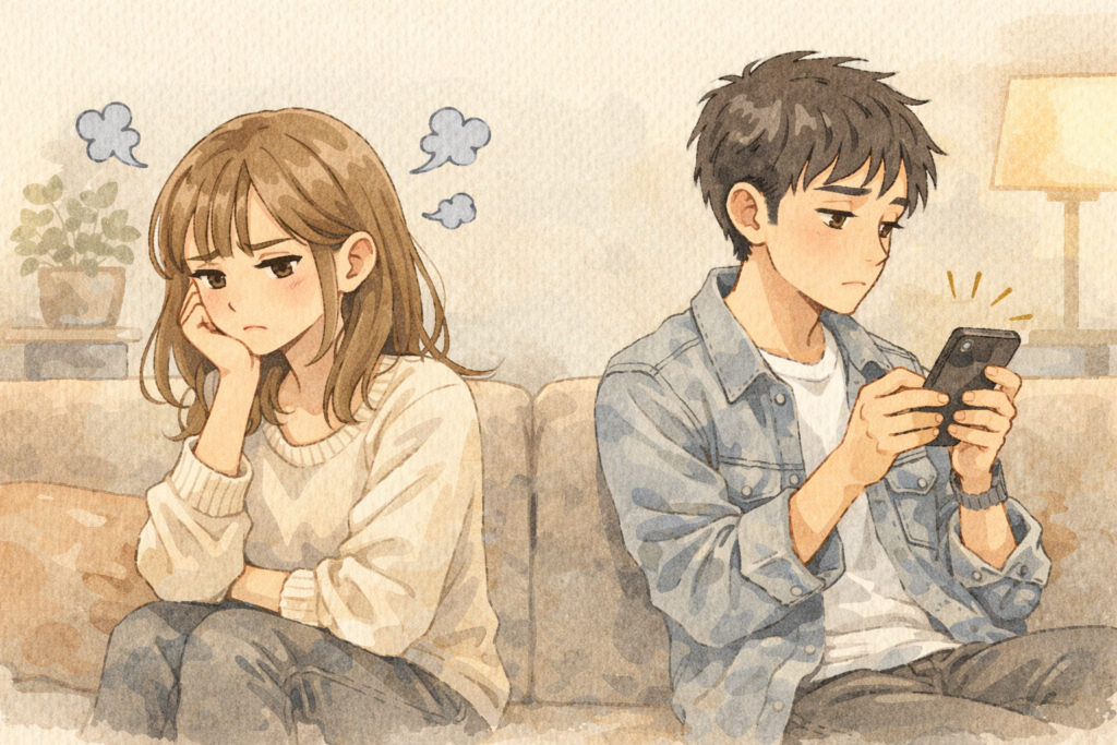 彼氏と一緒にいて疲れている彼女。