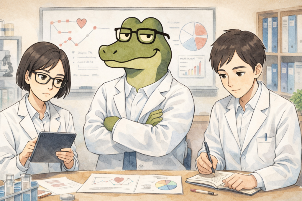 白衣姿でなぜかモテる人を分析するワニオ、リク、ミカコ。