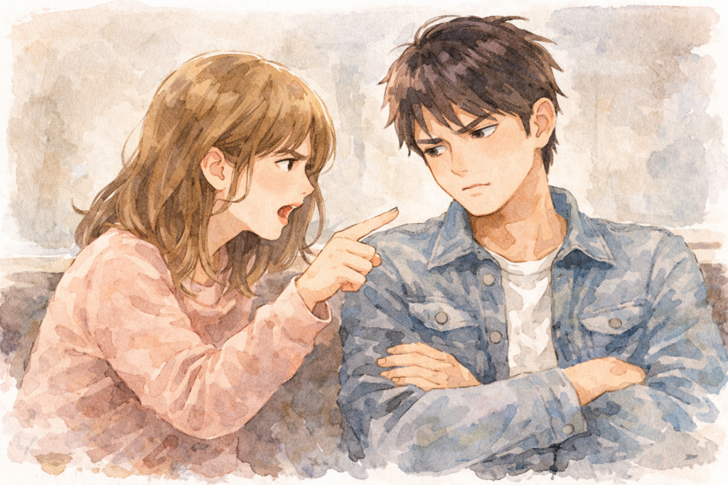 冷たい態度の彼氏を責める女性。