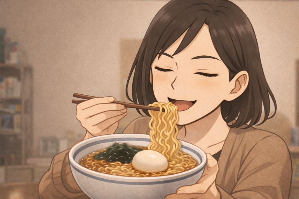 自称本格ラーメンを食べるナナ。