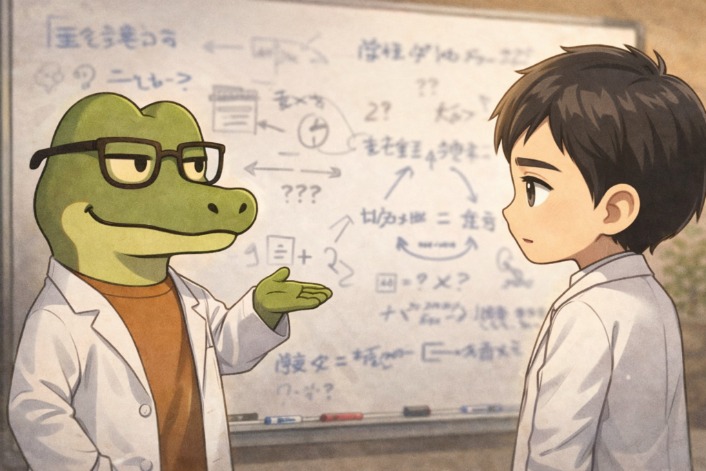 ホワイトボード前で恋愛を分析するワニオとリク。