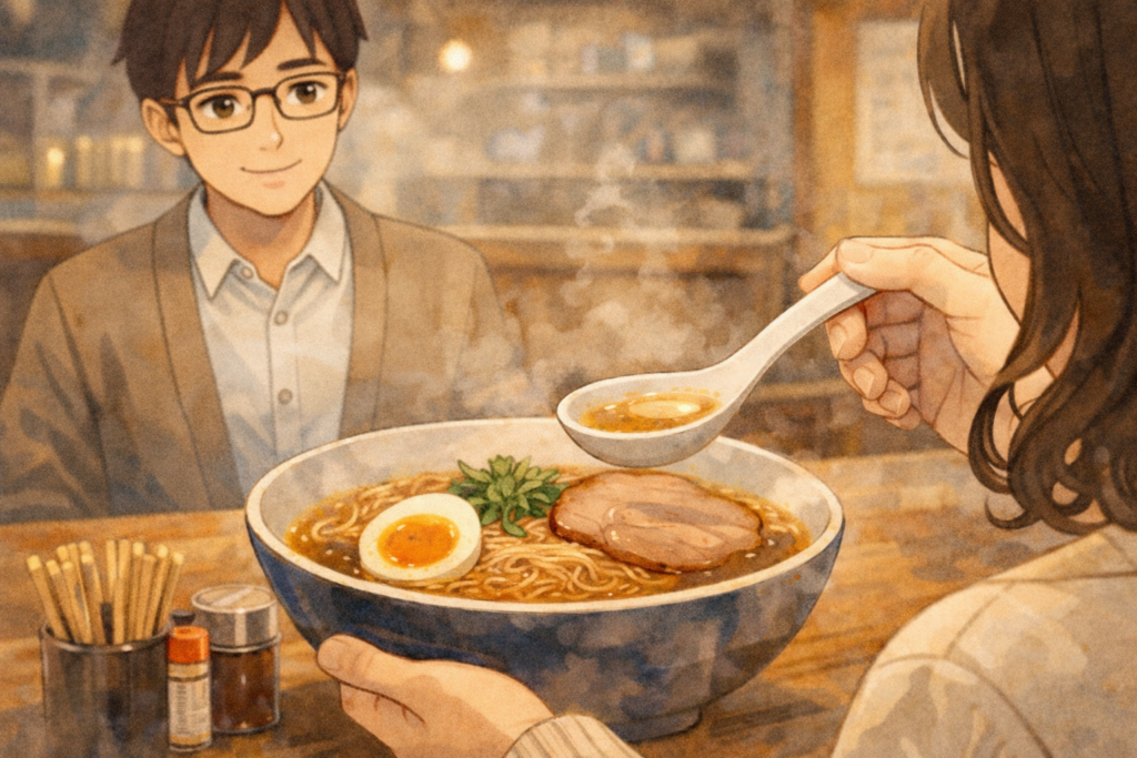 ラーメンのスープをすくうネネ。優しく見つめるユウト。