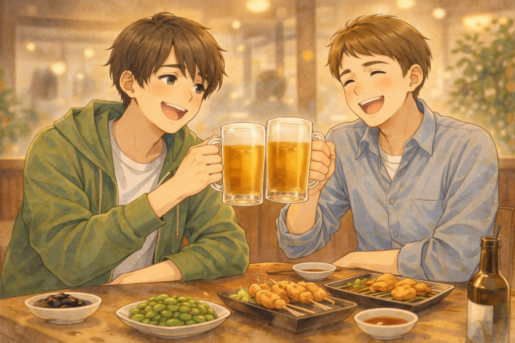 2人飲みして満足そうなソウタと友達。